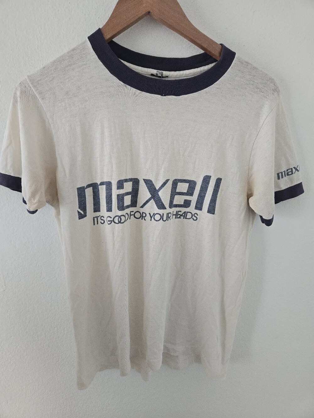 MAXELL It's Good For Your Heads T SHIRT 1980's VINTAGE Mens Medium Ringer Casset